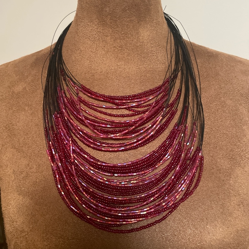 Vintage 90s Elegant Red Multi-Strand Beaded Bib Necklace